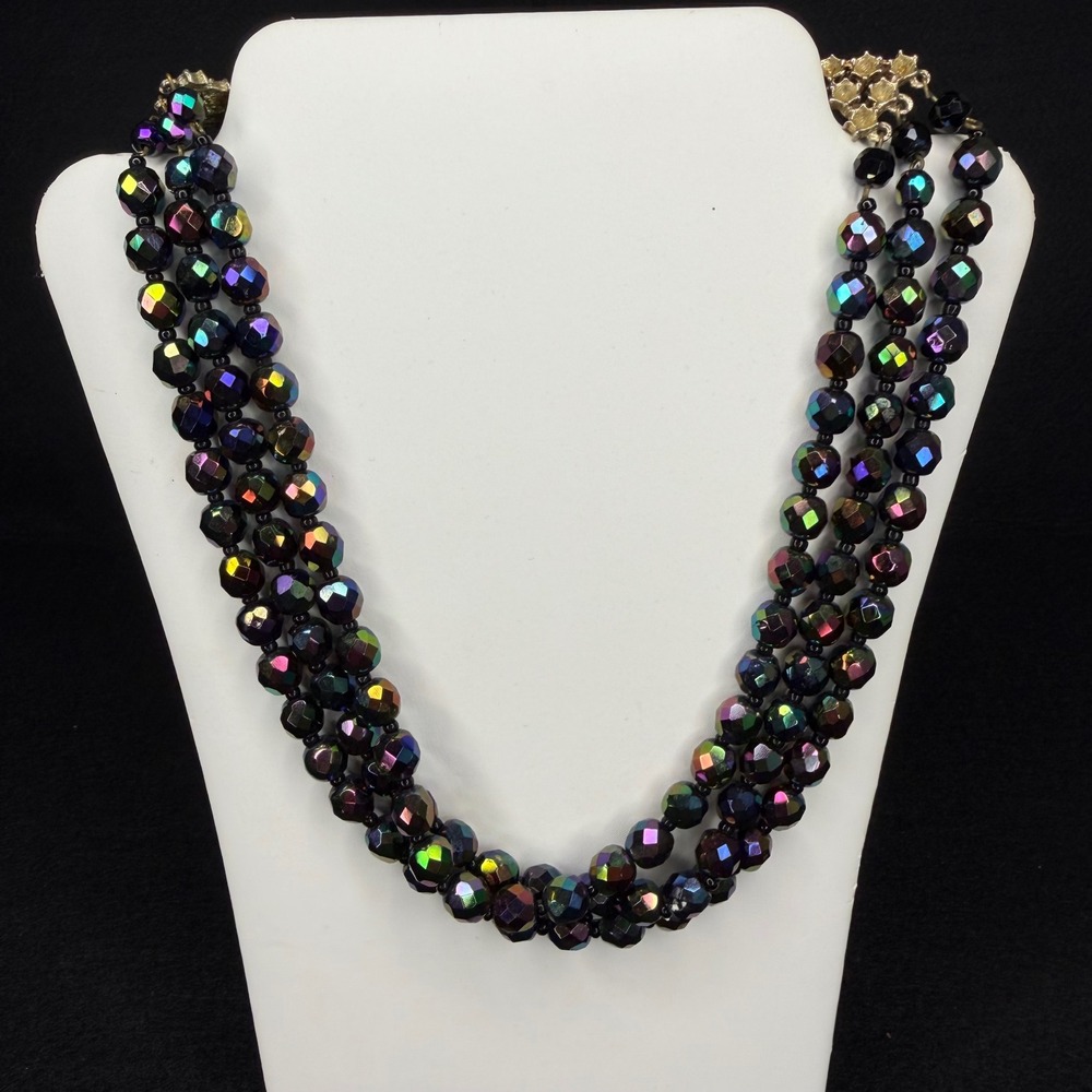 50s W Germany Aurora Borealis Glass Beads Triple (3) Strand Beaded Necklace MCM